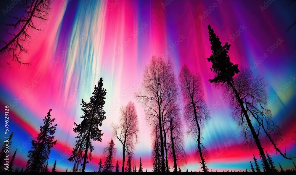  a colorful aurora bore is seen in the sky above a forest of trees and snow covered trees in the foreground, with a pink and blue sky in the background.  generative ai
