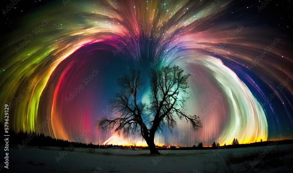  a tree in a field under a colorful sky filled with stars and a star filled sky with stars and a tree in the foreground.  generative ai