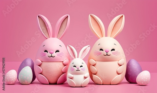  a group of easter eggs with bunny ears and a bunny face on them, sitting next to each other on a pink surface with a pink background. generative ai