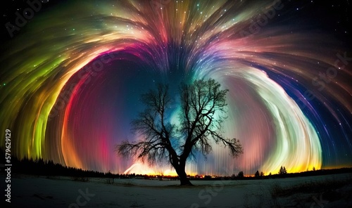  a tree in a field under a colorful sky filled with stars and a star filled sky with stars and a tree in the foreground.  generative ai © Shanti
