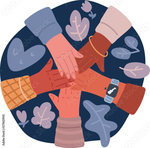 Cartoon vector illustration of hands of people making a gesture of unity, cohesion and support. A stack of hands