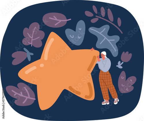 Cartoon vector illustration of Man and woman hold big yellow star high rating symbol. People get positive customer or client feedback for service quality. Satisfaction survey concept.