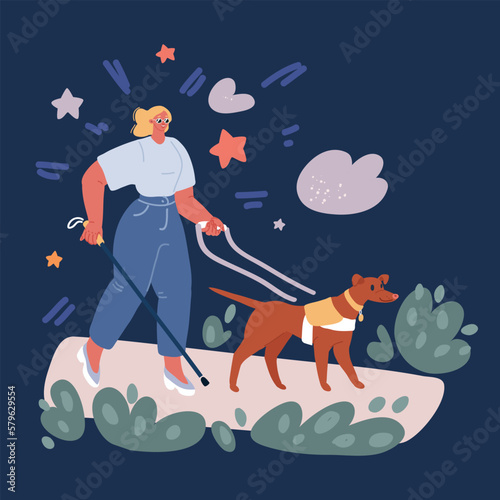 Cartoon vector of blind person. Woman with guide dogs.