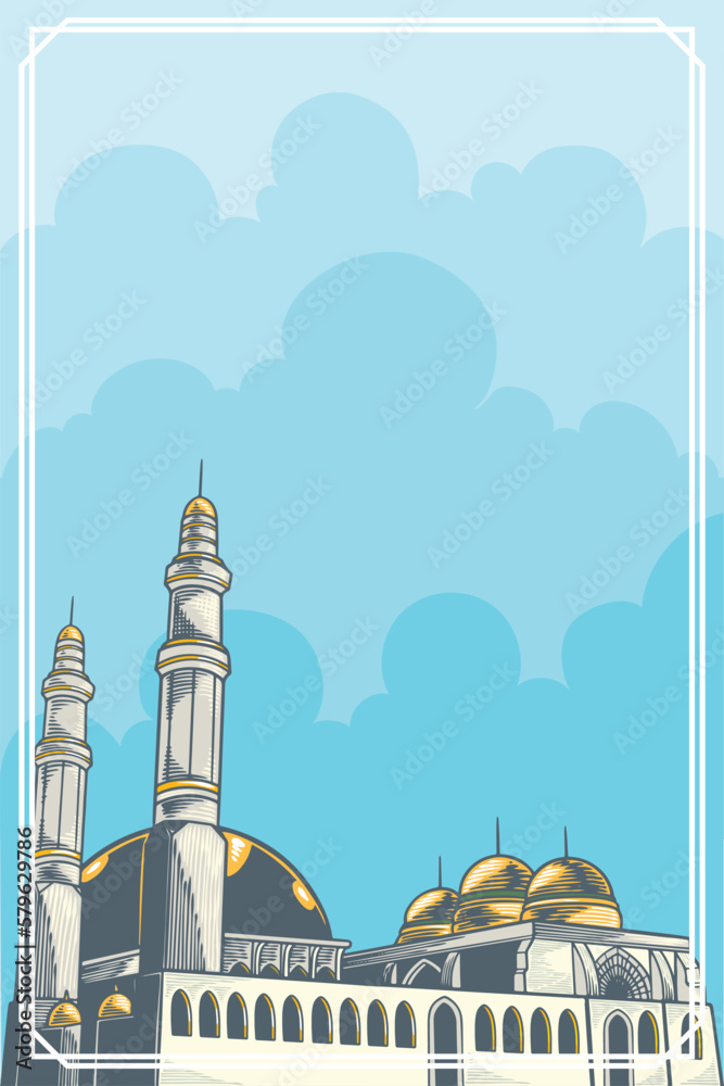 Hand drawn of mosque for ramadan with vintage Background. Vector Illustration - obrazy, fototapety, plakaty 