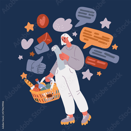 Cartoon vector illustration of woman cashier in retail store or supermarket. People waiting in grocery shop