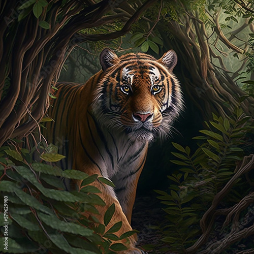 A tiger stalks its prey in a thicket of trees. The concept of animal life in the wild. Made with Generative AI.