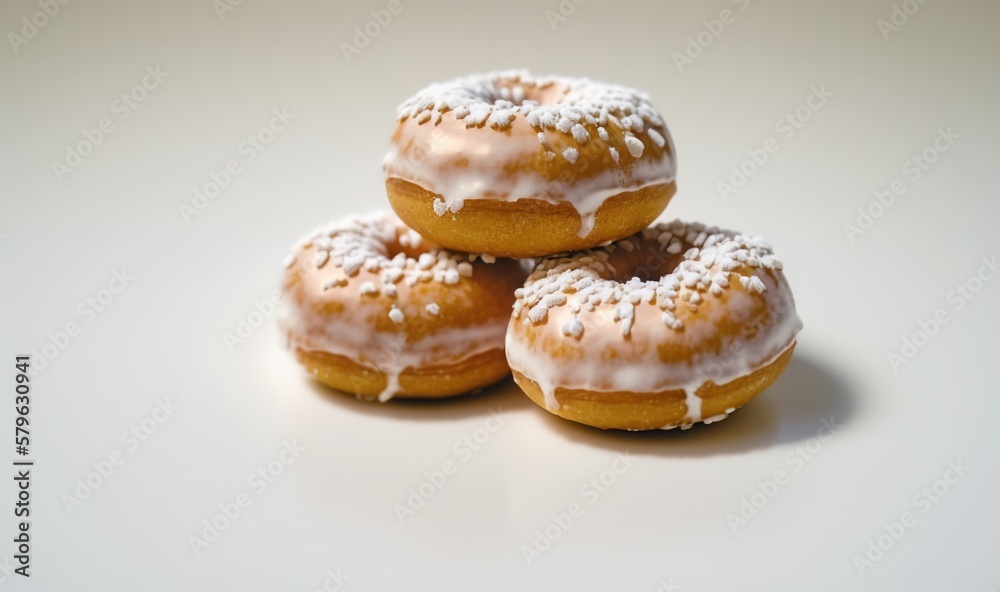  three glazed donuts with sprinkles on a white surface with a light reflection on the surface of the doughnuts and the doughnuts.  generative ai