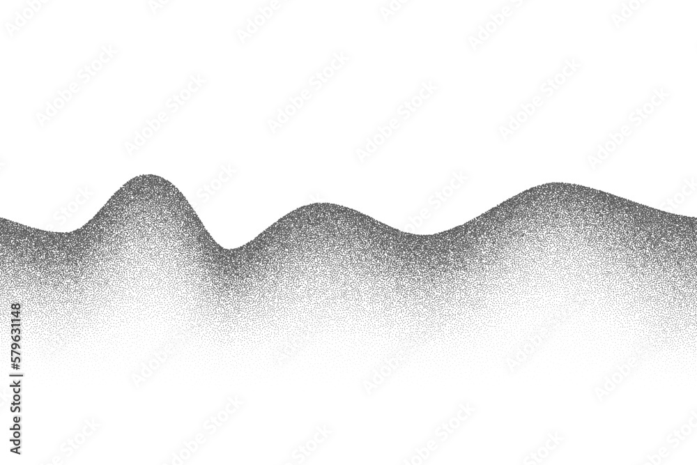 Stipple noise gradient background. Mountain landscape with sand grain. Dotted fade grunge effect. Vector abstract wavy illustration. - obrazy, fototapety, plakaty 