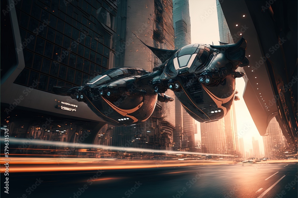 Futuristic city with AI flying cars in a dystopic mega city in 8K ...