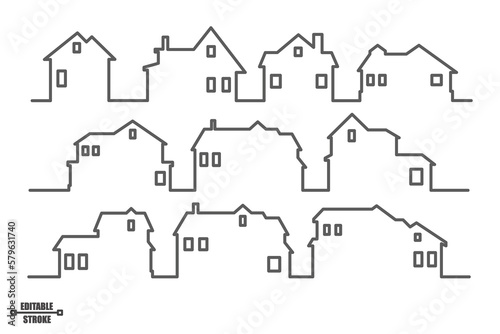 Neighborhood houses outline panoramic landscape. Continuous one line buildings drawing silhouette. Minimalistic vector illustration.