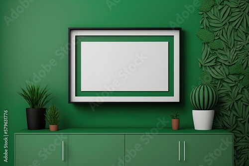 Mock up poster frame, luxury interior. Ai. Plants, decoration and accessories.
