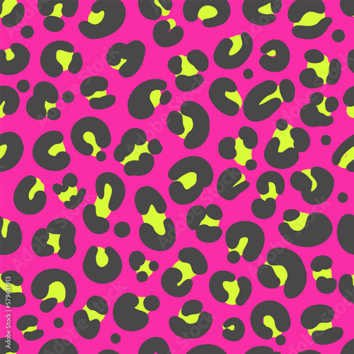 Leopard print seamless pattern. Neon cheetah skin 80 90s design. Black and yellow spots on bright pink background. Vector