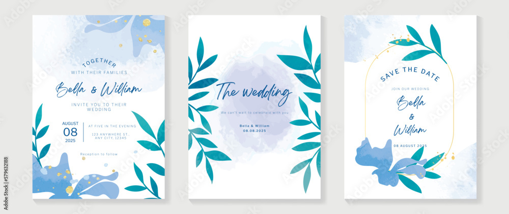 Luxury wedding invitation card background vector. Botanical floral leaf branch with blue theme watercolor texture, gold ink splatter. Design illustration for wedding and vip cover template, banner.