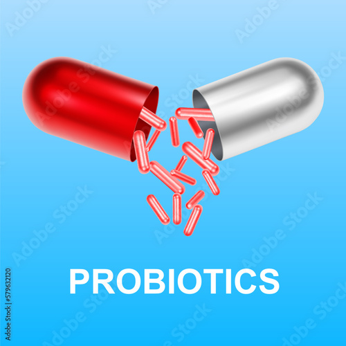 Medicine background. Science background. Probiotic background. Microbiome elements with medical pill. Half parts with probiotics granules. Human health background. EPS10 vector