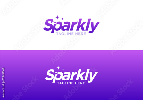 Sparkly logo lettering typography with sparkle star icons negative space modern logo purple and blue gradient colors