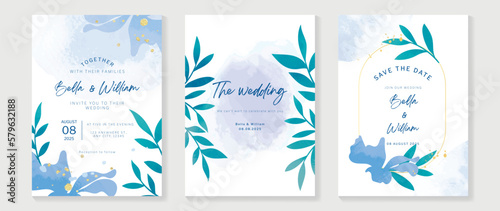 Luxury wedding invitation card background vector. Botanical floral leaf branch with blue theme watercolor texture, gold ink splatter. Design illustration for wedding and vip cover template, banner.