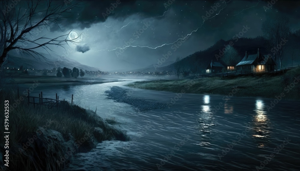 Whole moon night scenery, the river flowing. Generative AI.