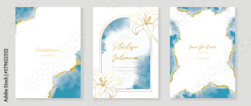 Luxury wedding invitation card background vector. Elegant lily flowers gold line art, blue watercolor and gold glitter streak texture. Design illustration for wedding and vip cover template, banner.