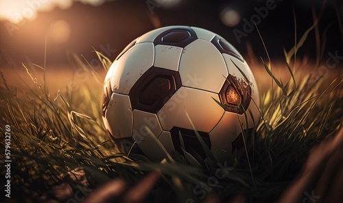  a soccer ball sitting on top of a lush green grass covered field next to a field of tall grass with the sun setting behind it. generative ai