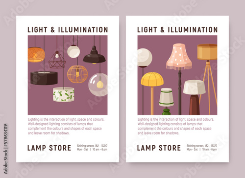 Lamps, home light and illumination store, ad background, vertical flyers templates. Chandeliers, interior lampshades, room lanterns sale, shop promotion cards designs. Flat vector illustration