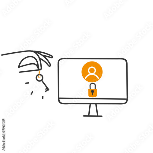 hand drawn doodle person carry key to open locked account on computer