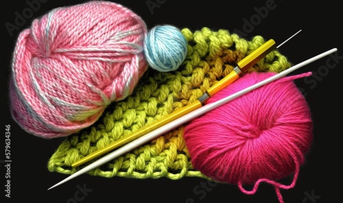  two balls of yarn and two knitting needles on a crochet mat with yarn balls in the background and a crochet hook. generative ai