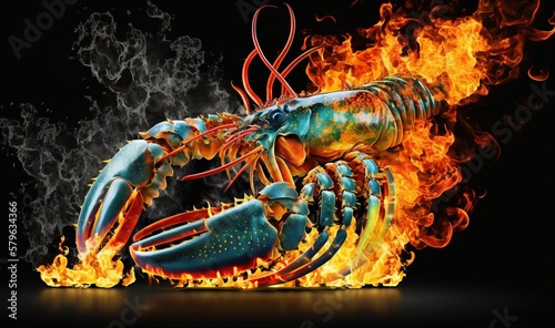  a blue lobster is on fire on a black background with red and yellow flames surrounding it and a black background with a black background and white border. generative ai