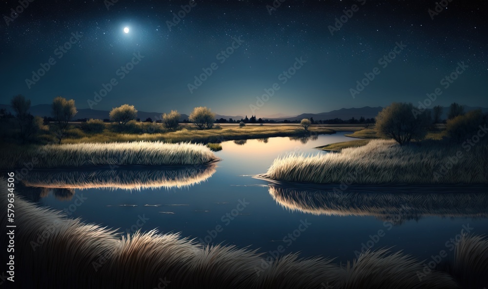  a painting of a river at night with a full moon in the sky and a few stars in the sky above the water and grass in the foreground.  generative ai