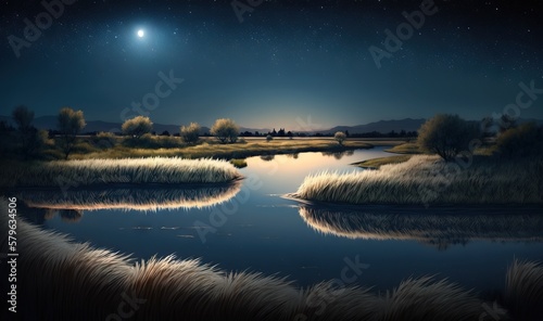  a painting of a river at night with a full moon in the sky and a few stars in the sky above the water and grass in the foreground. generative ai