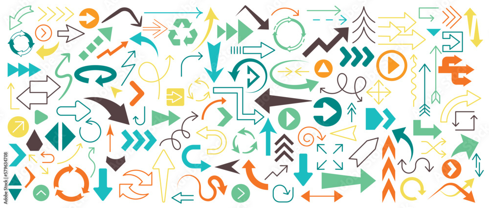 Huge set of colored filled and line arrows. Arrow and Cursor vector collection. Big set of vector flat arrows. 
