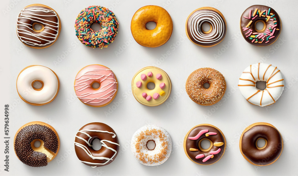 a variety of doughnuts with different toppings on a white background ...