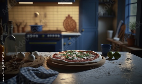  a pizza sitting on top of a wooden cutting board on a kitchen counter next to a knife and a bowl of fruit and a bottle. generative ai