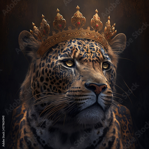 JAGUAR WITH CROWN, King / Queen, modern Art, stunning Animal Design, Cute Royal Animal photo