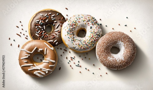  a group of three donuts sitting on top of a white table next to a cup of coffee and a donut with sprinkles on it.  generative ai