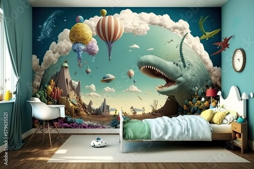 Creative and bright design of a children's room. Bright fantasy wallpaper on the wall of baby room. Adventure theme. Generative AI illustration.