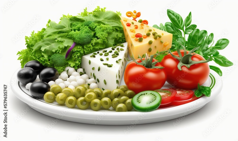 a plate of vegetables and cheese on a white plate with a green leafy garnish on top of the plate is tomatoes, broccoli, cucumbers, tomatoes, cheese, cheese, cheese, black olives,. generative ai a plate of vegetables and cheese on a white plate with a green leafy garnish on top of the plate is tomatoes, broccoli, cucumbers, tomatoes, cheese, cheese, cheese, black olives,. generative ai