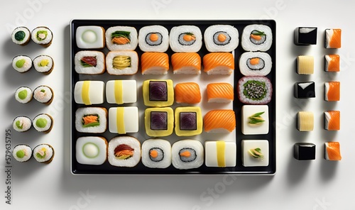  a tray of sushi and chopsticks on a white surface with chopsticks in the shape of a square and a square. generative ai