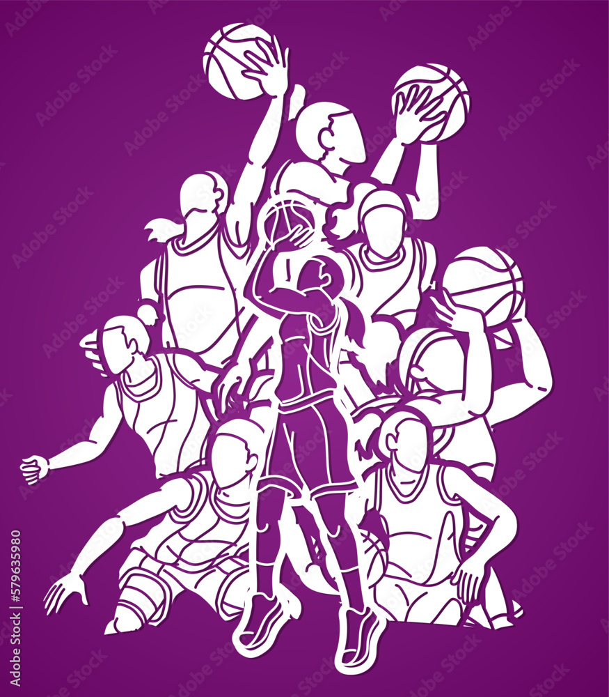 Group of Basketball Women Players Action Cartoon Sport Team Graphic Vector Group of Basketball Women Players Action Cartoon Sport Team Graphic Vector