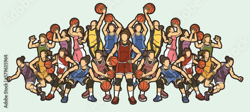 Group of Basketball Women Players Action Cartoon Sport  Team Graphic Vector