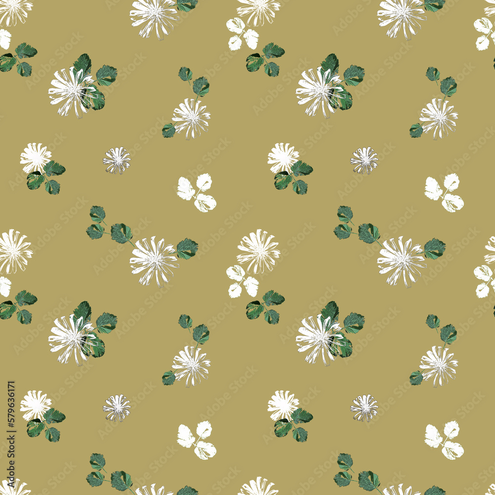 Fototapeta premium Seamless small floral pattern. White flowers on a light mustard background.