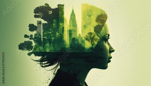 Sustainable environment concept. The image depicts human thinking towards preserving nature, reducing carbon footprint and building sustainable urban community for green future. Generative AI photo