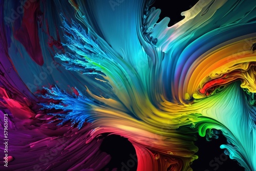 A dynamic close-up of vibrant, swirling colors creating an abstract, fluid art piece with a rich spectrum of hues.