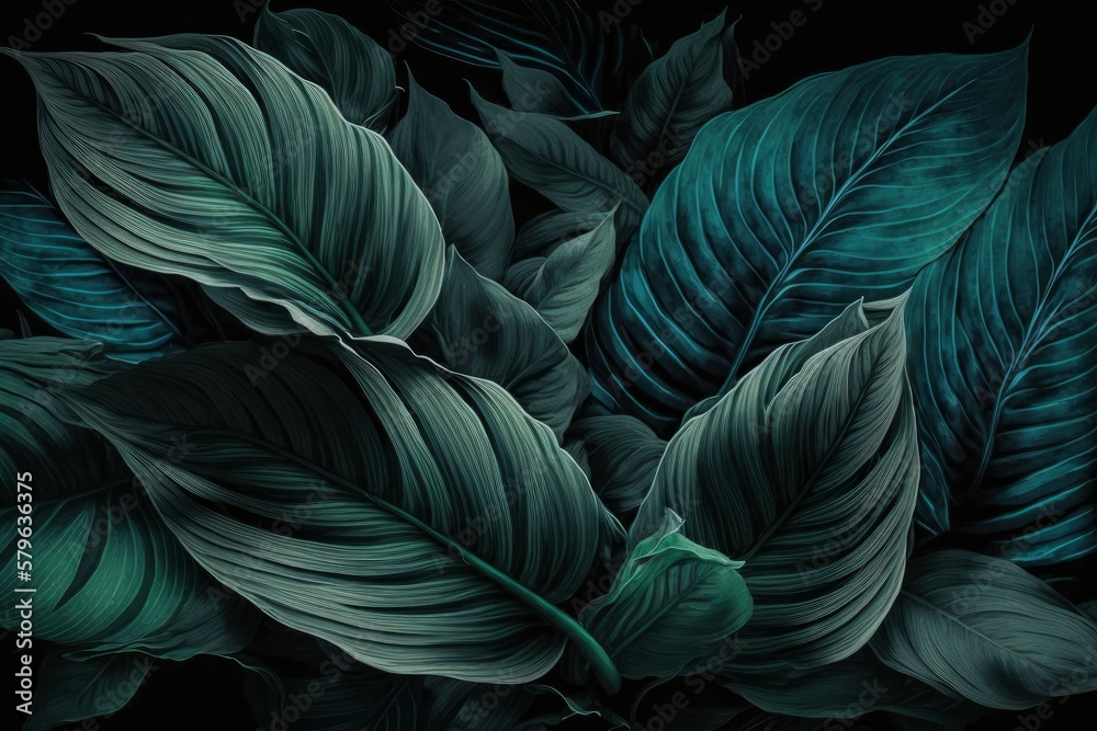 Discover the Serene Beauty of Spathiphyllum Cannifolium: A Tropical Leaf with Abstract Dark Green Texture, Generative AI.
