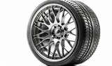  a tire on a white background with a black rim and spokes on the front of the tire is a black rim with a silver rim and white spokes on the.  generative ai