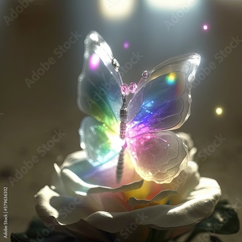  a colorful butterfly sitting on top of a white flower in a vase with a light shining on it's back side and a blurry background. generative ai
