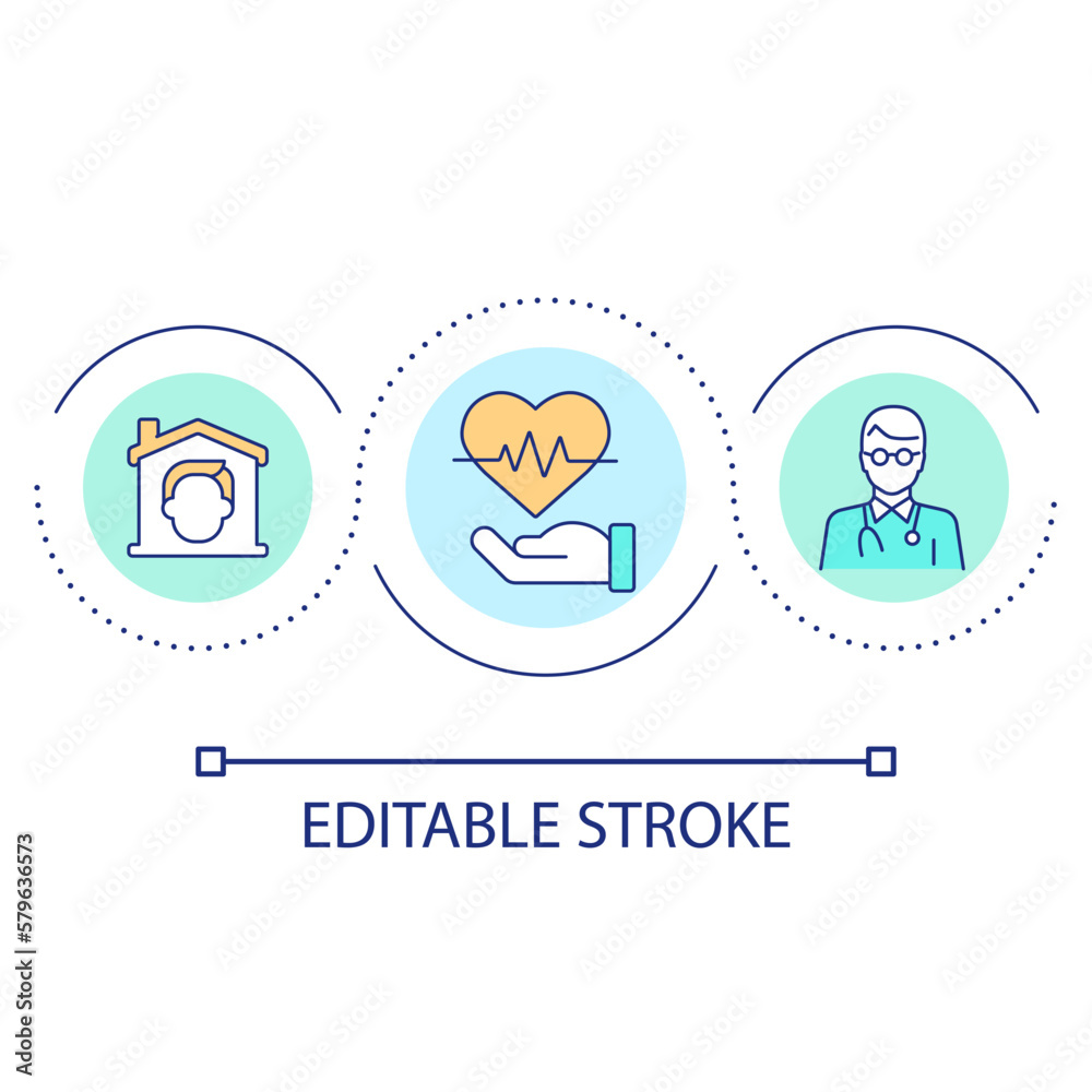 Healthcare services at home loop concept icon. Patient care. Cardiologist. Doctor assistance abstract idea thin line illustration. Isolated outline drawing. Editable stroke. Arial font used
