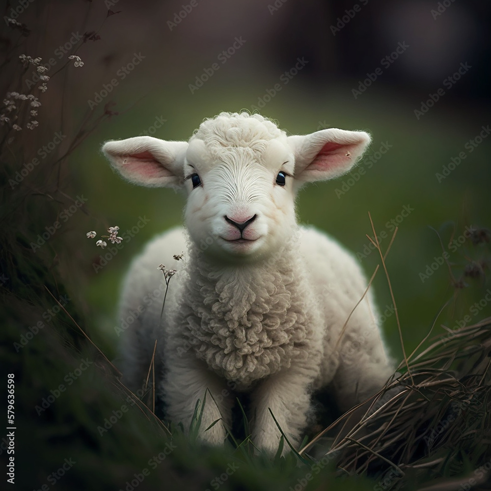 Obraz premium Cute baby lamb on spring grass field. Created with Generative AI.