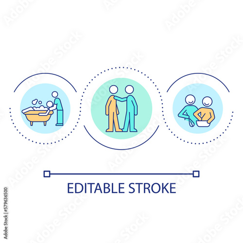 Assistance loop concept icon. Caregiver and nursing service. Routine activities support abstract idea thin line illustration. Isolated outline drawing. Editable stroke. Arial font used