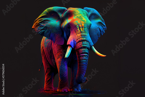 rainbow elephant over dark background. Generative Ai