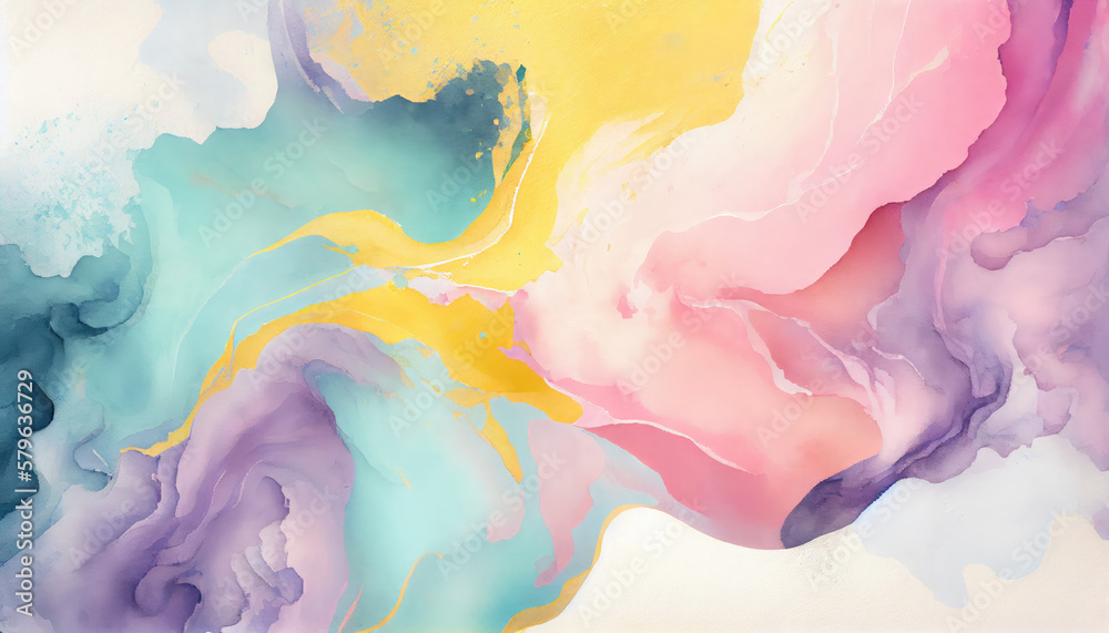 Abstract watercolor background. Colours splash, Blue, pink, yellow, gree, violet, purple color wave. Generative ai illustration in watercolor style